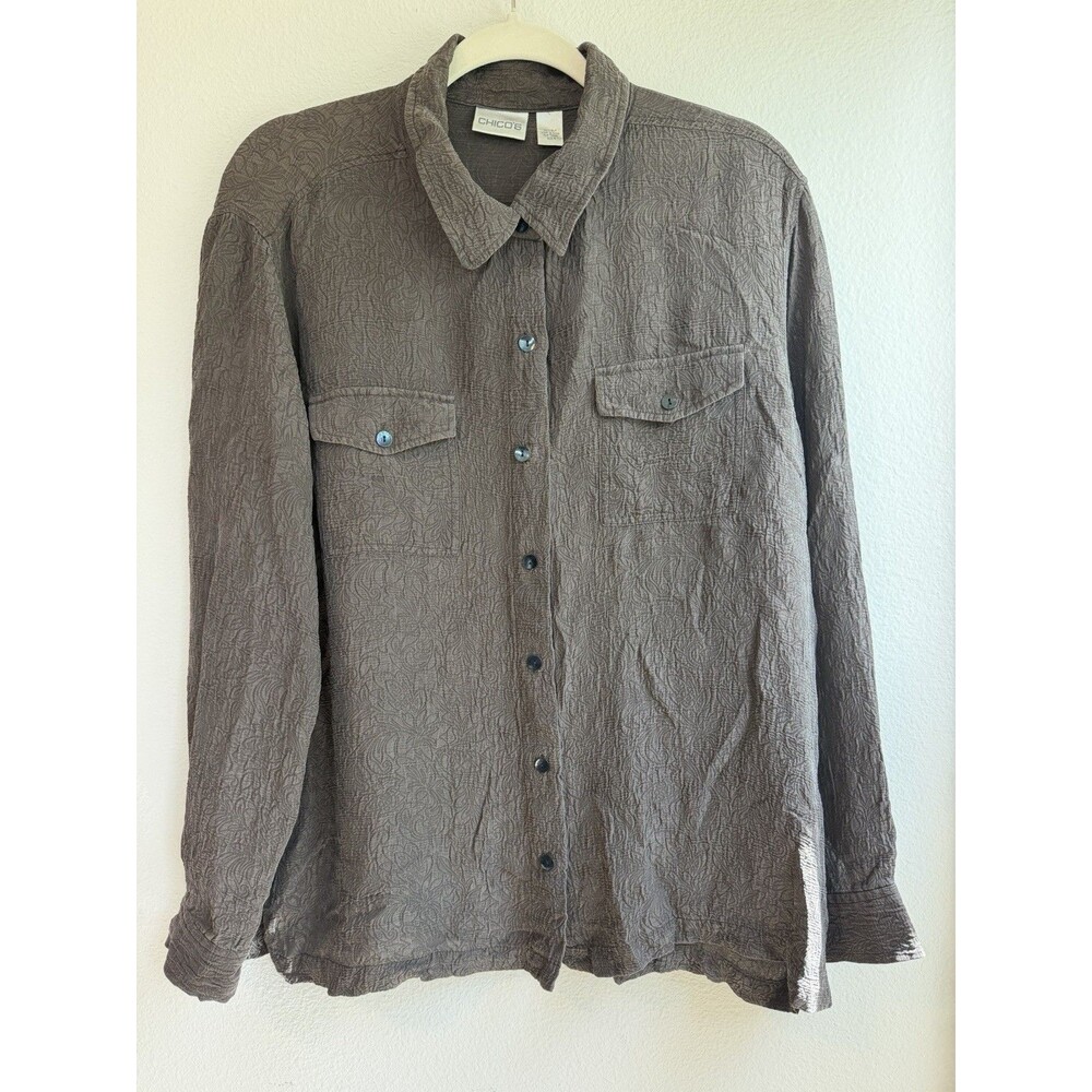 Chico's Women's L/XL Gray Paisley 100% Silk Collared Long Sleeve Button-Up Shirt